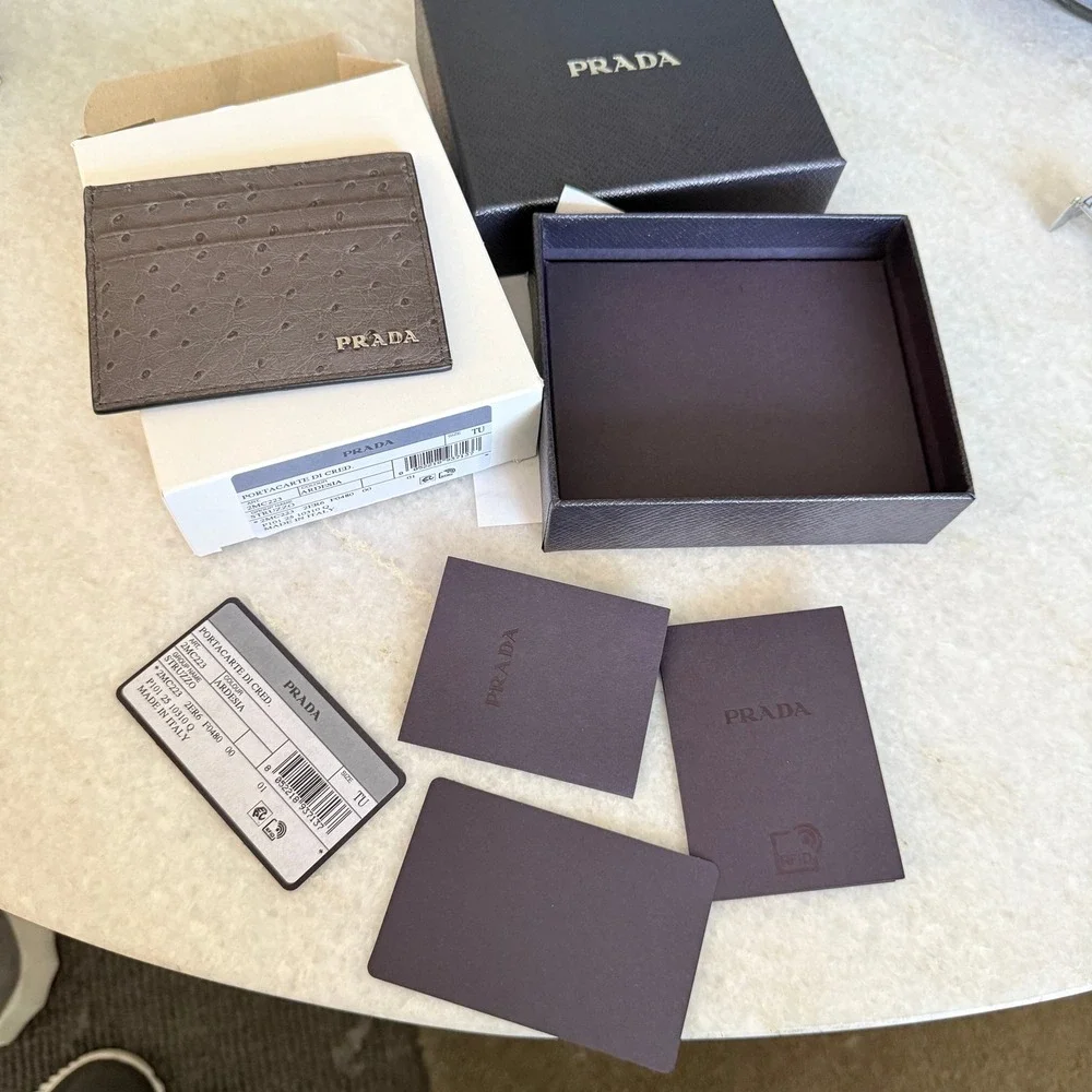 Prada Ardesia Ostrich Leather Card Holder Wallet 2MC223 Struzzo Dark Gray Italy